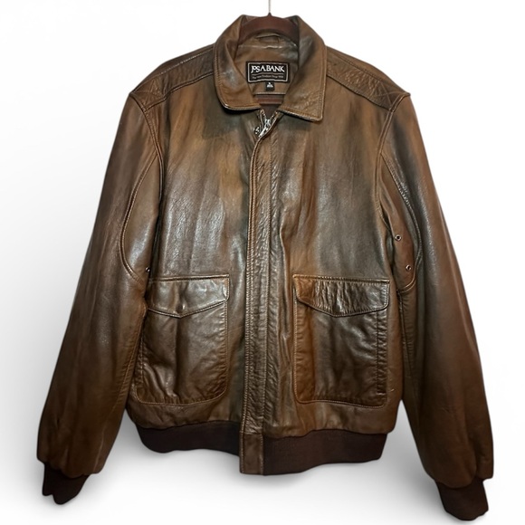 Vintage Jos. A. Bank Bomber Jacket Mens X- Large Brown Destress Leather Full Zip